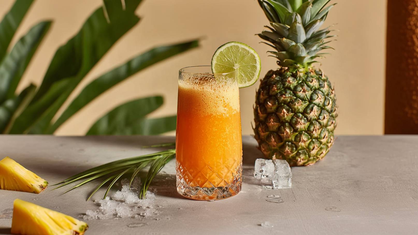 Ein kohlensäurehaltiges Fruchtgetränk in einem Kristallglas steht auf einem Tisch. Das Getränk hat eine orange Farbe und ist mit einer Limettenscheibe dekoriert. Neben dem Glas befinden sich eine Ananas und einige Eiswürfel.
