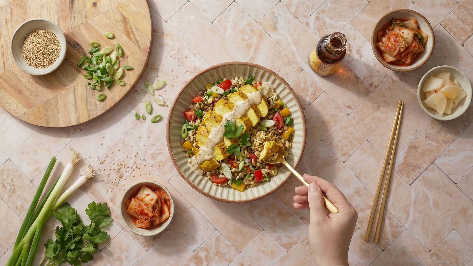 Ein Teller mit buntem Salat aus Gemüse und gekochtem Hähnchenfilet, garniert mit einer sauce. Daneben befinden sich Schalen mit Kimchi und eingelegtem Gemüse sowie Sesam und geschnittenen Frühlingszwiebeln auf einem Holzbrett. Eine Hand hält das Besteck.