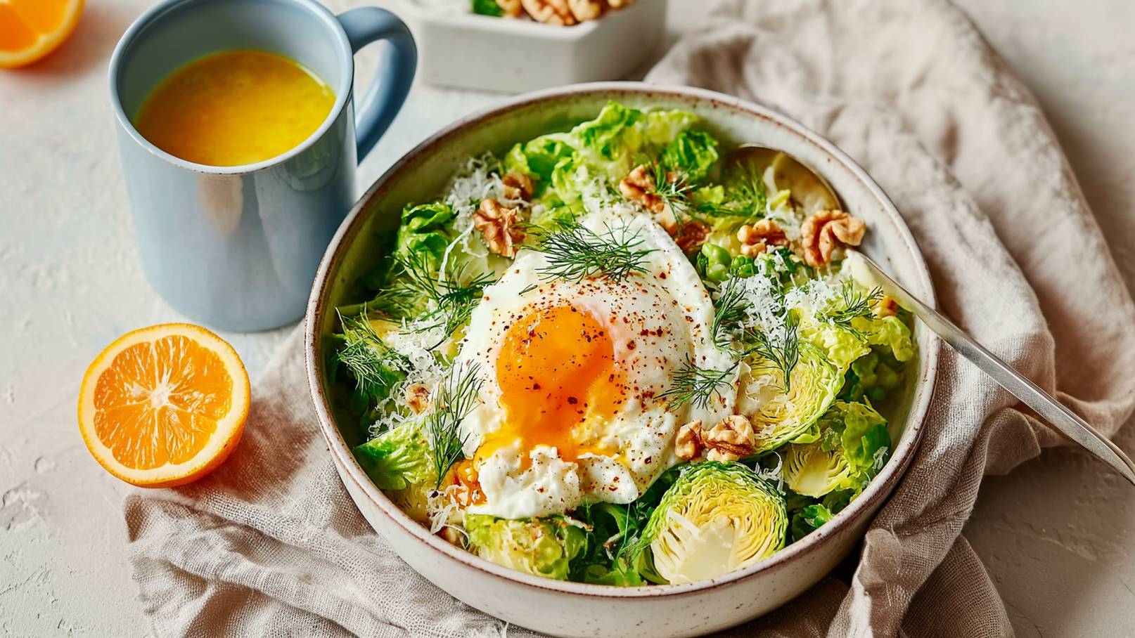 Eine Schüssel mit frischem Salat, garniert mit einem weichen, pochierten Ei und Dill. Walnüsse und geriebener Käse sind ebenfalls sichtbar. Neben der Schüssel steht eine Tasse mit orangenem Getränk und eine halbierte Orange.