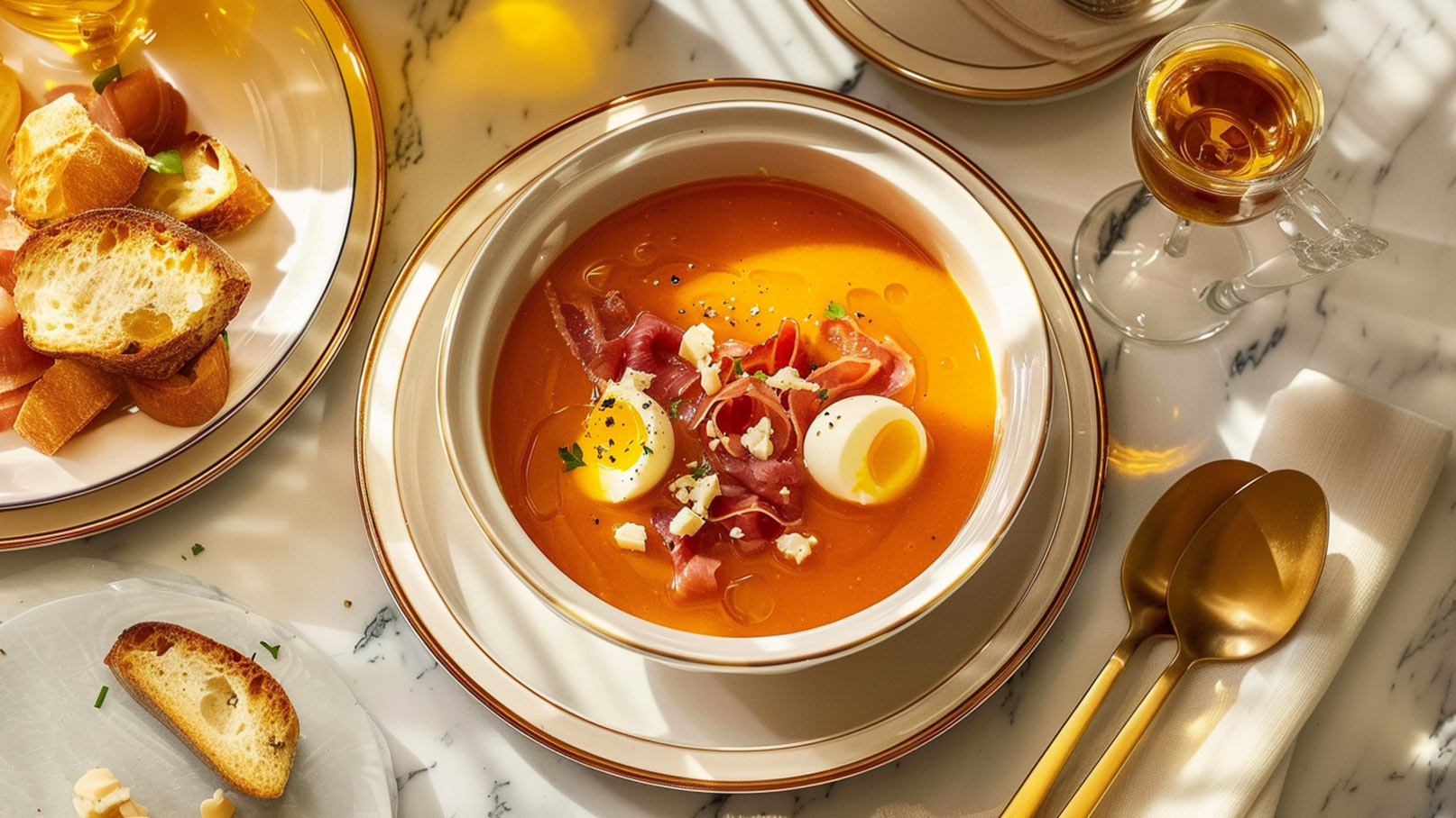 Eine Schüssel mit leuchtender, orangefarbener Suppe, garniert mit Schinkenstreifen, gehacktem Käse und zwei halb gekochten Eiern. Neben der Schüssel liegen einige geröstete Brotscheiben und ein Glas mit goldenem Getränk auf einem eleganten Tisch.