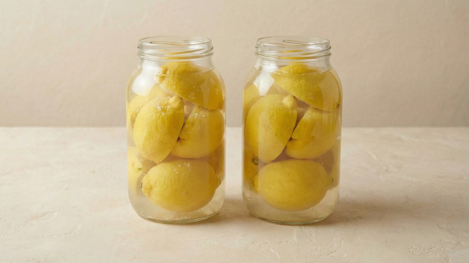 Zwei Gläser mit eingelegten Zitronen sind auf einem hellen Untergrund platziert. Die Gläser sind gefüllt mit mehreren gelben Zitronen, die teilweise in Wasser und Salz eingelegt sind. Der Hintergrund ist neutral und hebt die Gläser hervor.