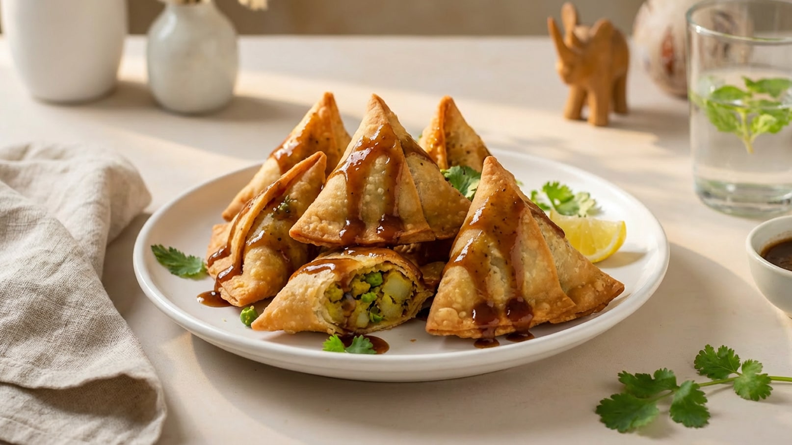 Auf dem Teller sind mehrere Samosas in Form von Dreiecken angeordnet. Sie sind goldbraun und glänzen durch eine süße Soße. Neben den Samosas liegt ein Stück Zitrone und frische Korianderblätter. Im Hintergrund sind einige Glas- und Dekorationsgegenstände zu erkennen.