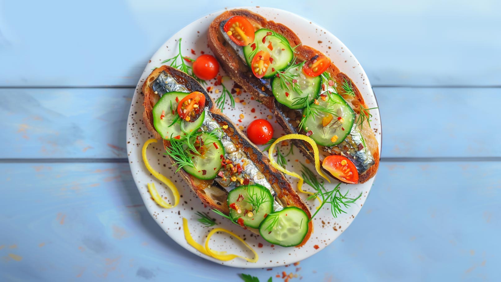 Auf einem weißen Teller liegen zwei belegte Brote. Jedes Brot ist mit gegrilltem Fisch, Gurkenscheiben, Kirschtomaten und frischen Kräutern garniert. Einige gelbe Zitronenschalen und Gewürze sind dekorativ arrangiert. Der Hintergrund ist in sanften Blautönen gehalten.