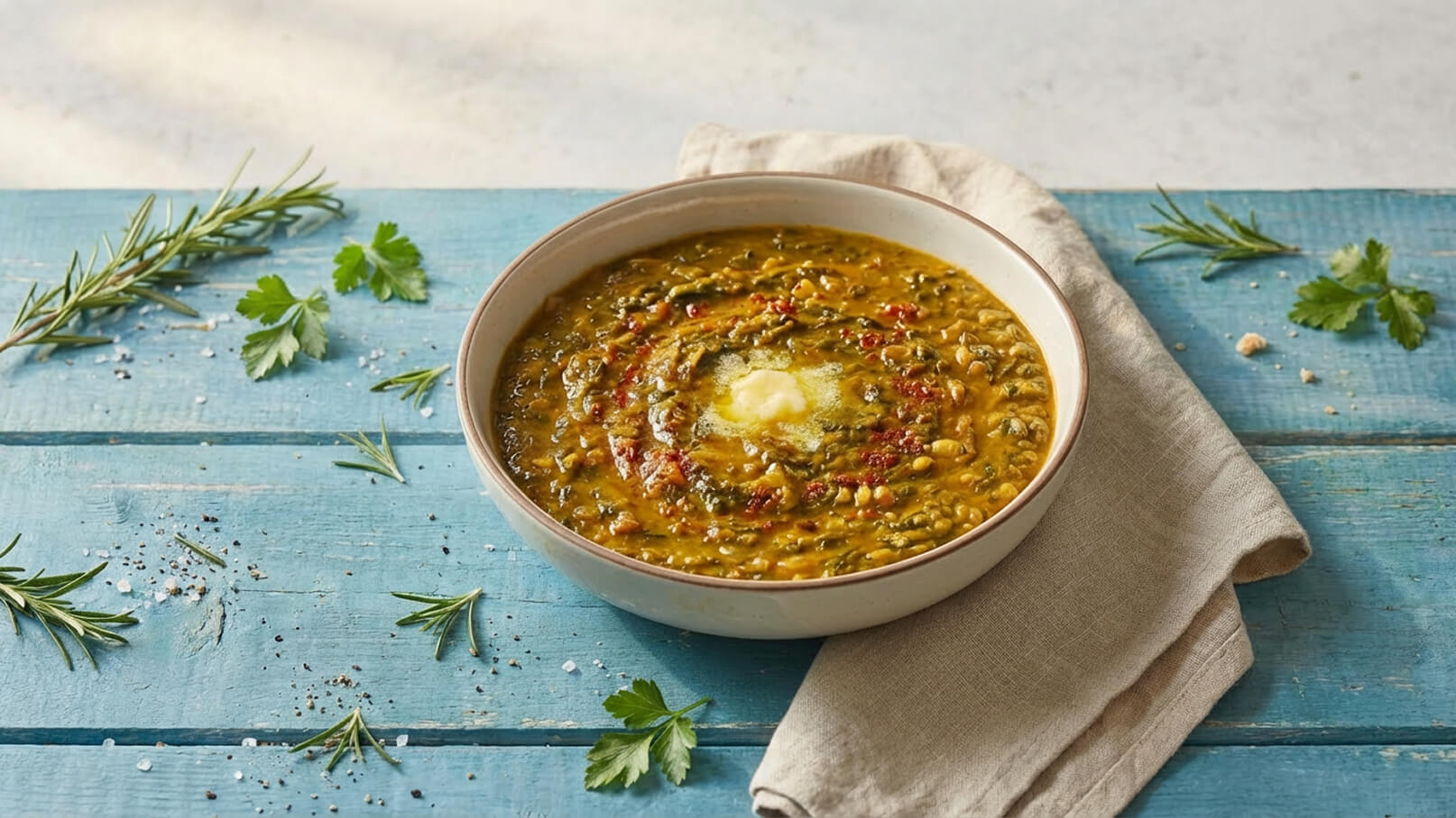 Eine Schüssel mit grüner Suppe, verziert mit einem Klecks Butter und einigen roten Paprikastücken. Die Suppe liegt auf einem hellblauen Holzuntergrund, umgeben von frischen Kräutern wie Rosmarin und Koriander. Im Hintergrund ist ein beige Tuch sichtbar.