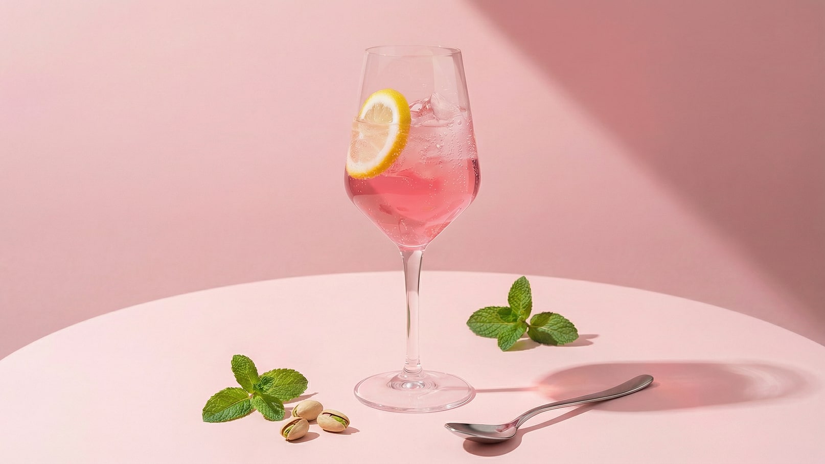 Ein stilvolles Glas mit einem pinkfarbenen Getränk, aufgefüllt mit Eiswürfeln und einem Zitronenschnitz, steht auf einem rosa Tisch. Neben dem Glas liegen frische Minzblätter und ein silberner Löffel.