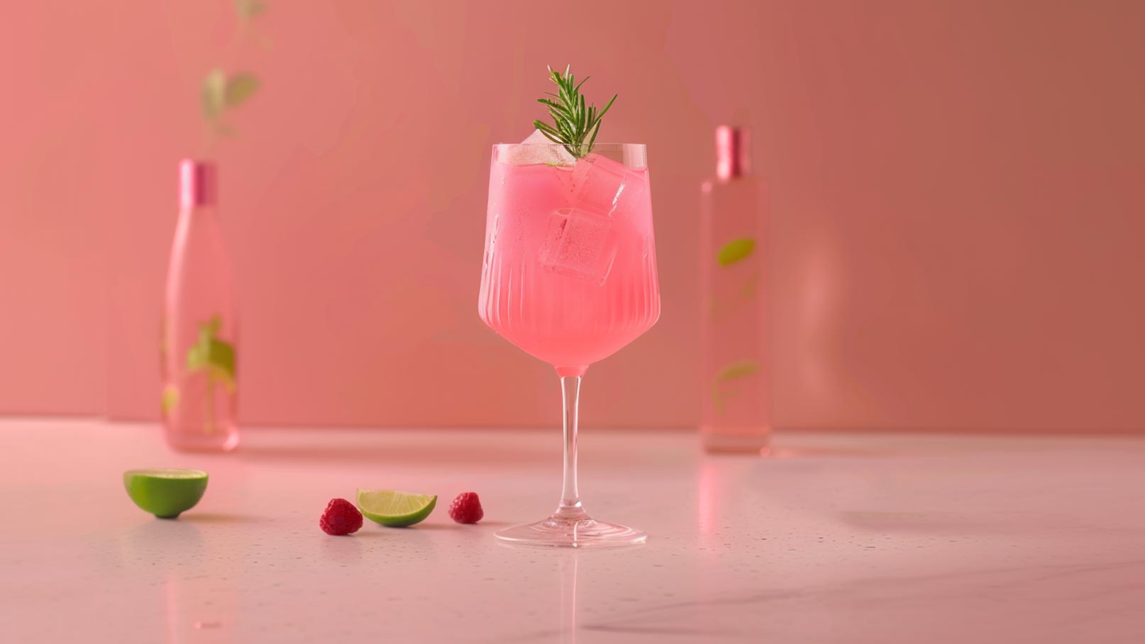 Ein rosa Cocktail mit Eiswürfeln und einem Zweig Rosmarin in einem eleganten Glas. Daneben liegen eine Limette und einige Himbeeren auf einem hellen Tisch. Im Hintergrund sind zwei Flaschen sichtbar. Der Gesamtton der Bildkomposition ist sanft und einladend.