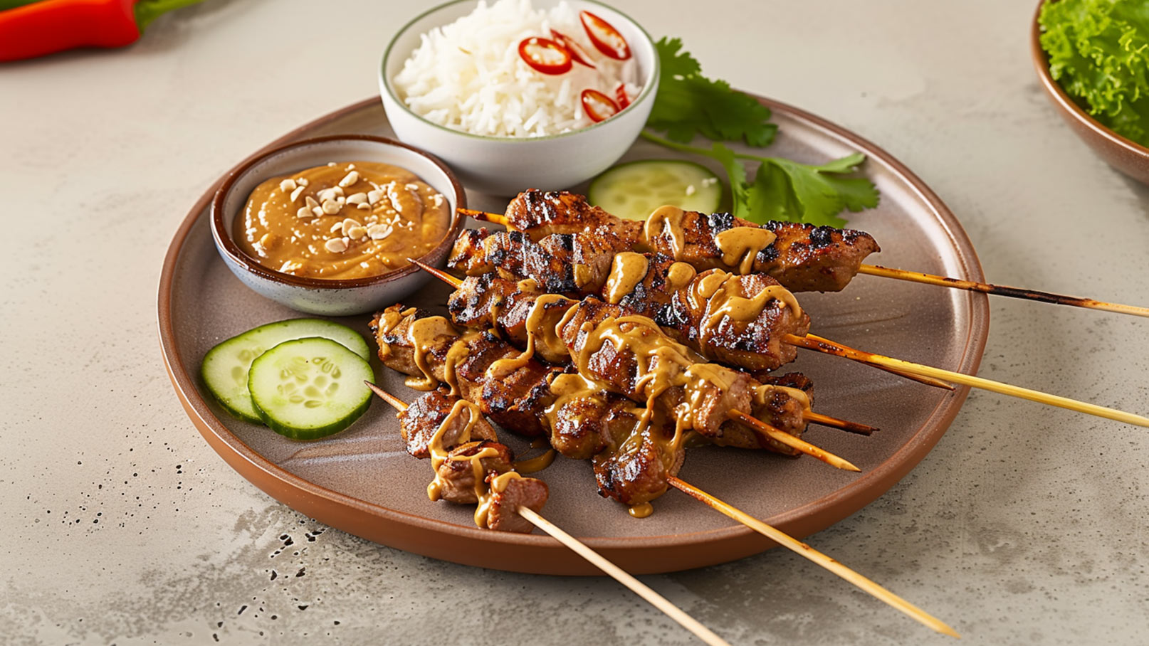 Auf einem braunen Teller sind gegrillte Spieße mit Fleisch, garniert mit Erdnusssauce. Daneben befindet sich eine Schüssel mit Reis und roten Chilischoten sowie eine Schale mit Erdnusssoße und geschnittenen Gurken. Frische Kräuter sind ebenfalls vorhanden.