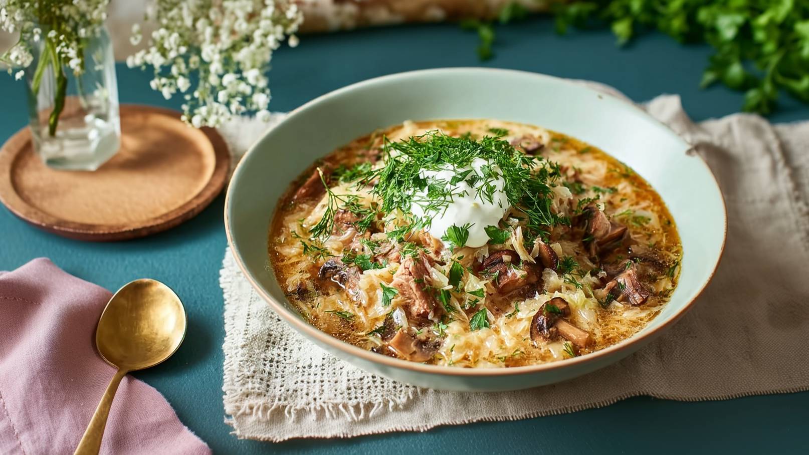 Eine Schüssel mit herzhaftem Eintopf, belegt mit frischen Kräutern und einem Klecks Sauerrahm. Der Eintopf enthält Fleisch und Gemüse und ist in einer hellen Schale serviert. Der Hintergrund zeigt eine dekorative Tischunterlage und frische Kräuter.