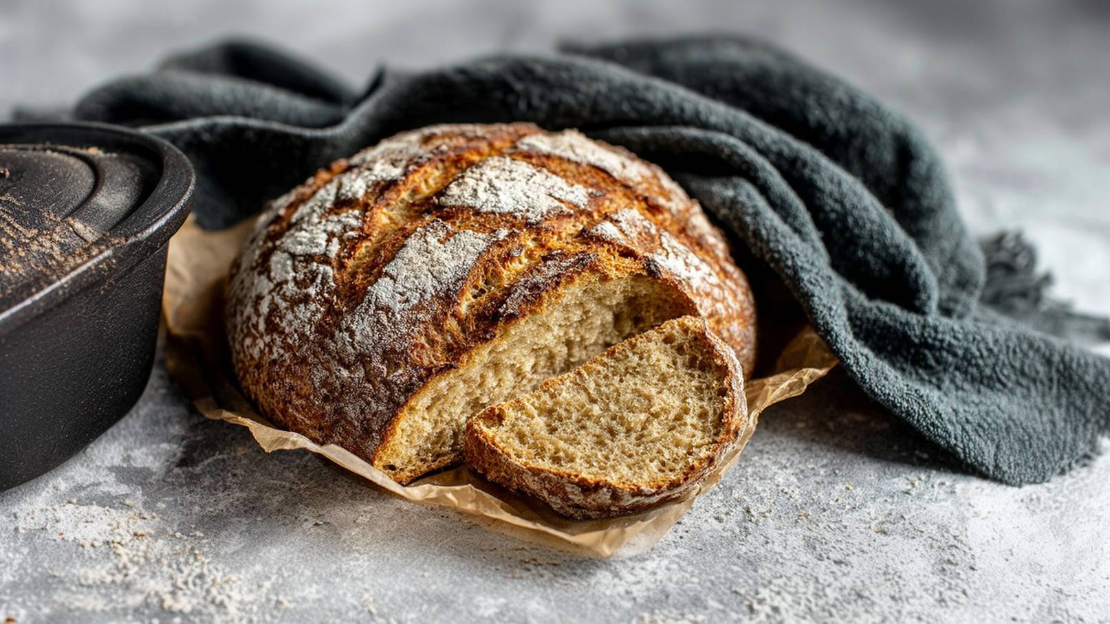 Ein frisch gebackenes, rustikales Brot mit einer goldbraunen Kruste und Pudding-artigem Inneren liegt auf einem Stück Backpapier. Ein Stück des Brotes ist bereits abgeschnitten. Im Hintergrund ist ein gusseisernes Kochgeschirr zu sehen, umgeben von einem dunklen Tuch.
