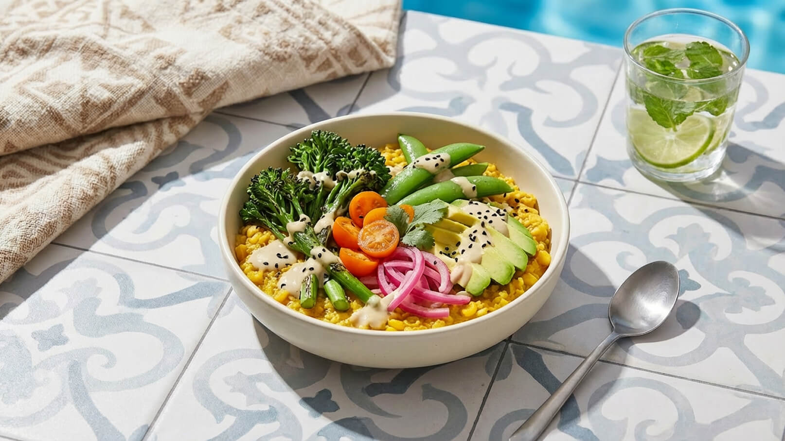 Eine Schale mit buntem Gemüse, darunter Brokkoli, Karotten, Erbsenschoten und Avocado, angerichtet auf einem Bett aus gelbem Getreide. Darüber befindet sich eine cremige Soße und schwarze Sesamsamen. Neben der Schale steht ein Glas mit einem Minzgetränk und Limettenscheiben.