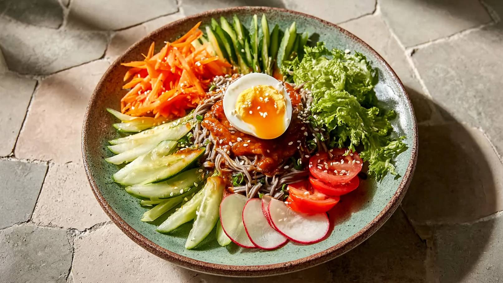 Ein Teller mit Soba-Nudeln, garniert mit einem weichgekochten Ei, einer scharfen Sauce und verschiedenen Gemüsesorten wie Gurken, Karotten, Radieschen, Salat und Tomaten, verleiht das Gericht ein frisches und ansprechendes Aussehen.