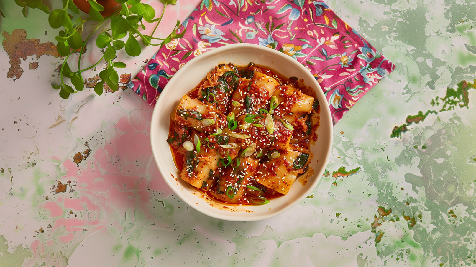 Eine Schüssel mit würzigen Teigrollen, garniert mit Frühlingszwiebeln und Sesam, steht auf einem bunten, blumigen Tuch. Der Hintergrund zeigt eine gemusterte oberfläche. Die Leckerei ist in einer roten Sauce serviert, die mit Kräutern verfeinert ist.