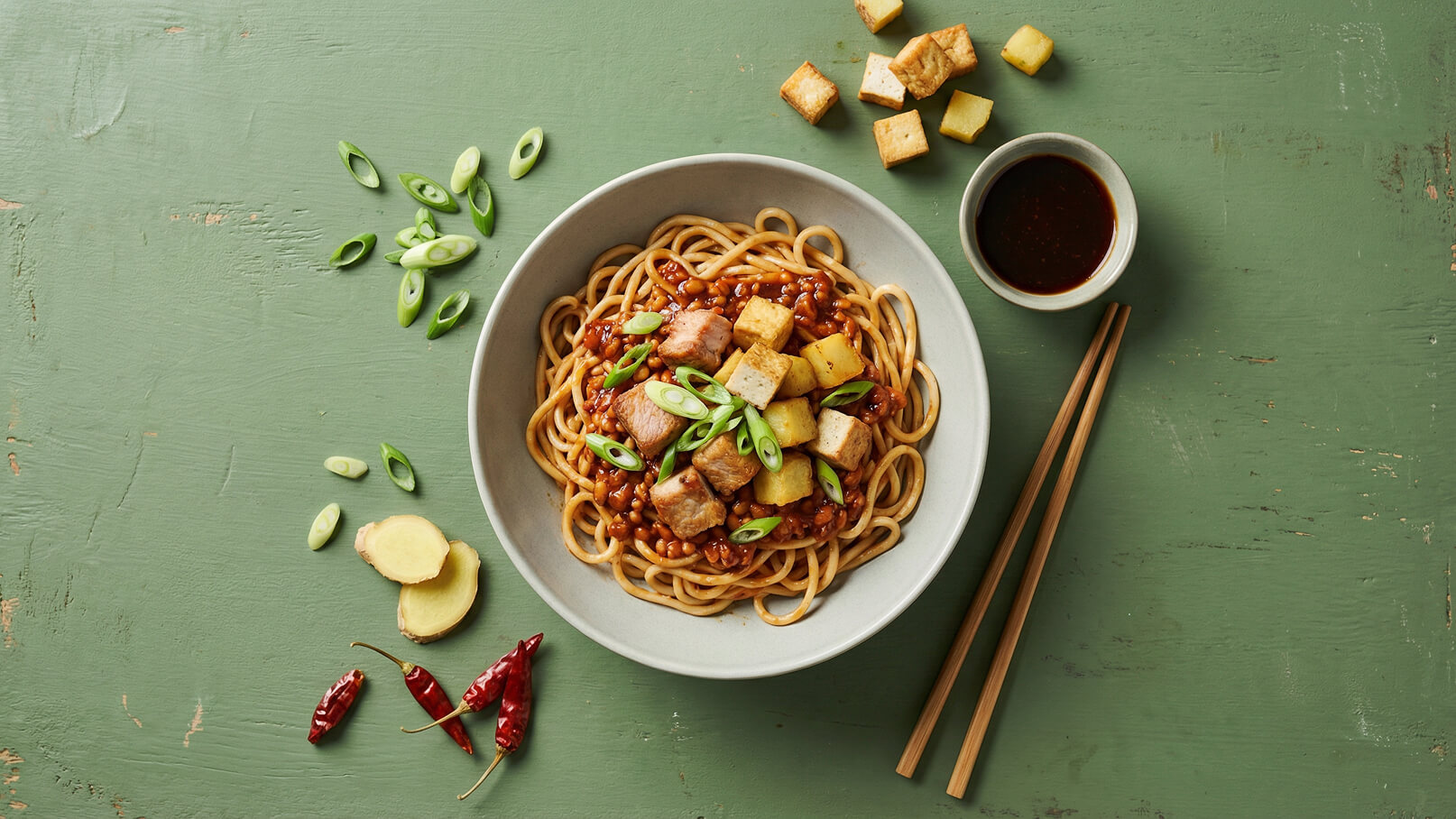 Eine Schüssel mit gebratenen Nudeln, garniert mit Stückchen von Fleisch, Tofu und Ananas, sowie frischen Frühlingszwiebeln. Daneben befindet sich eine kleine Schale mit einer dunklen Soße und Essstäbchen. Um die Schüssel liegen Gewürze wie Ingwer und Chili.