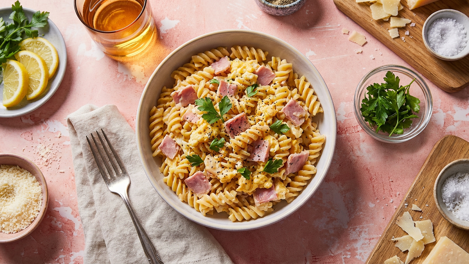 Ein Teller mit gedrehten Nudeln, garniert mit Schinkenstücken und frischer Petersilie. Neben dem Teller liegen ein Besteck, geriebener Käse, Zitrone und ein Glas mit einem Getränk. Der Hintergrund ist in sanften Rosa- und Beigetönen gehalten.