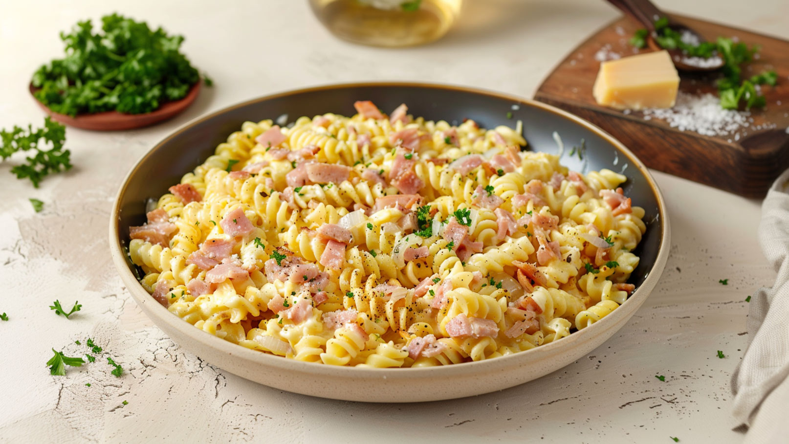 Ein Teller mit gedrehten Pasta-Rohlingen ist mit Stückchen Speck und frischer Petersilie garniert. Die Pasta sieht cremig aus und ist leicht gewürzt. Im Hintergrund sind einige Kräuter und ein Stück Käse sichtbar.