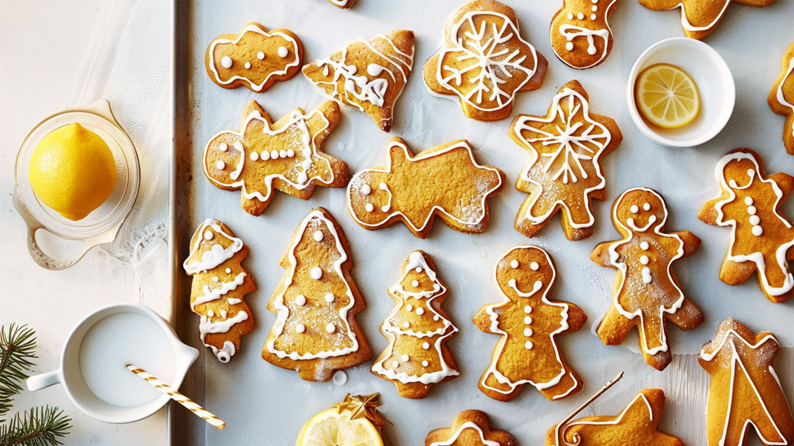 Ein Blech voller bunter Plätzchen in verschiedenen Formen, darunter Lebkuchenmannchen und Weihnachtsbäume, verziert mit Zuckerguss. Neben den Plätzchen befindet sich eine Schale mit einer Zitrone und ein Gefäß mit Milch. Die Szene vermittelt eine festliche Backatmosphäre.