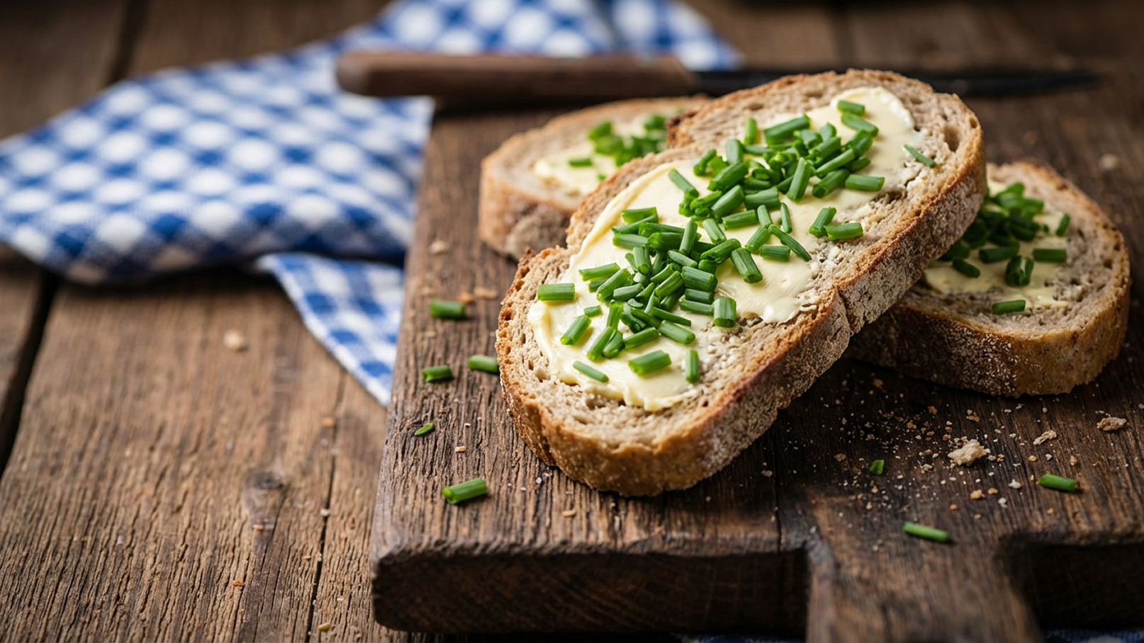 Auf einem Holzbrett liegen zwei Scheiben Brot, bestrichen mit Butter und garniert mit frisch geschnittenem Schnittlauch. Im Hintergrund ist ein kariertes Küchenhandtuch zu sehen.