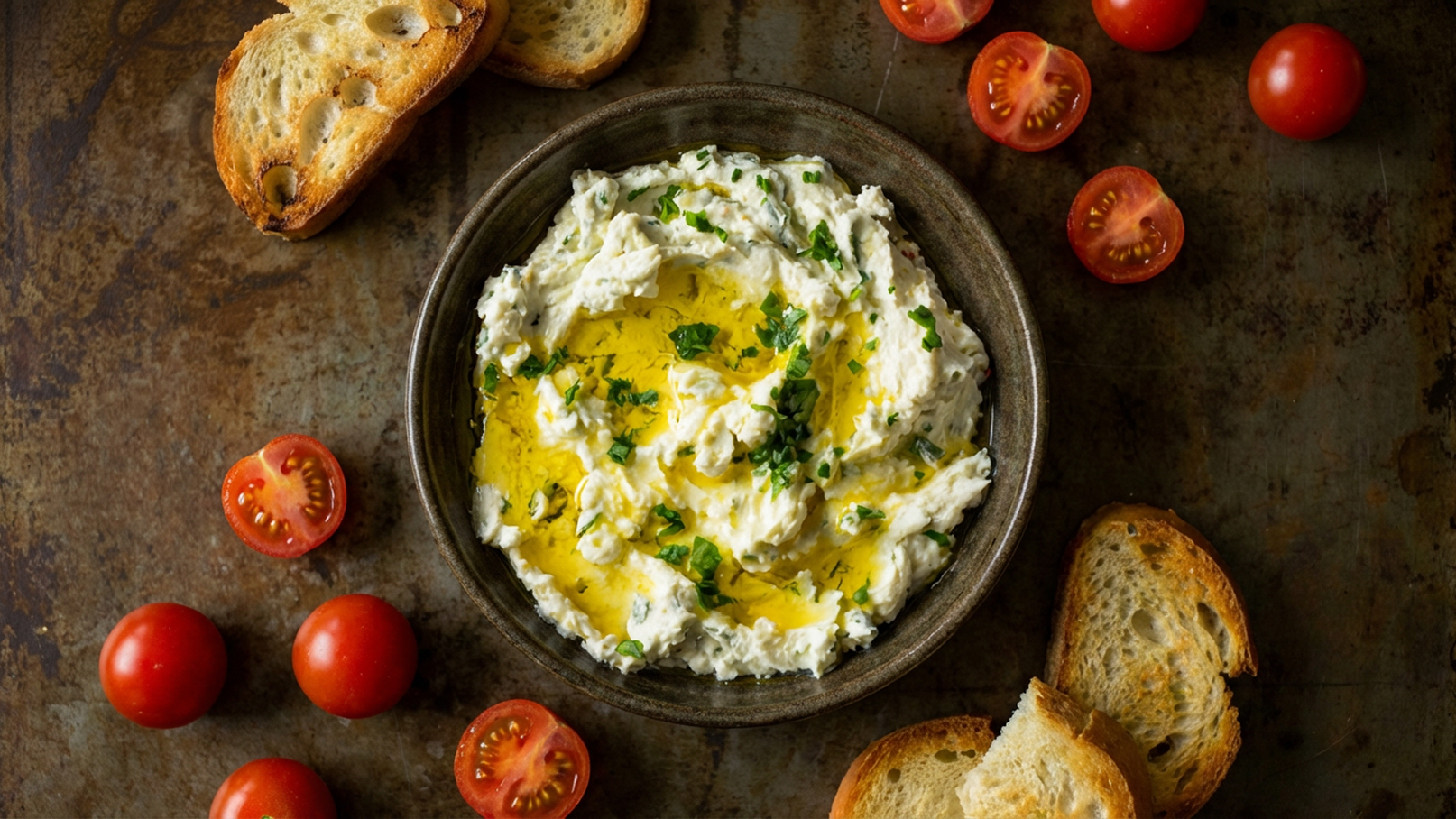 In der Mitte des Bildes befindet sich eine Schüssel mit cremigem Dip, garniert mit frischen Kräutern und einem Schuss Olivenöl. Um die Schüssel liegen knusprige Brotscheiben und halbierte Kirschtomaten, die das Arrangement appetitlich ergänzen.