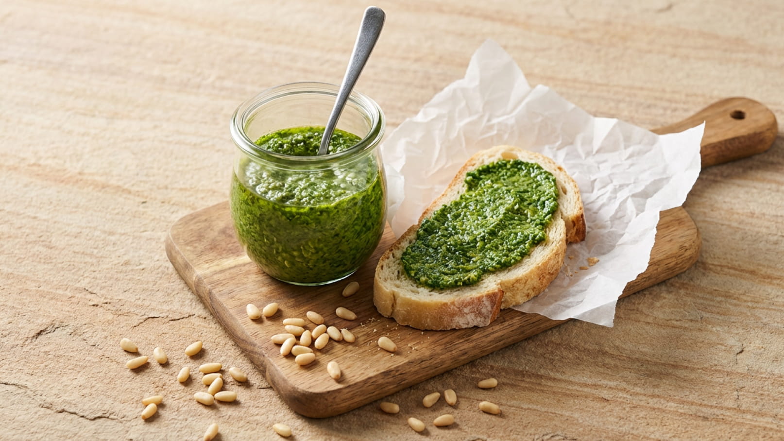 Ein Glas mit grüner Pesto-Sauce steht auf einem Holzbrett. Neben dem Glas liegt ein Stück Brot, das mit Pesto bestrichen ist. Unter dem Brett sind einige Pinienkerne verteilt.