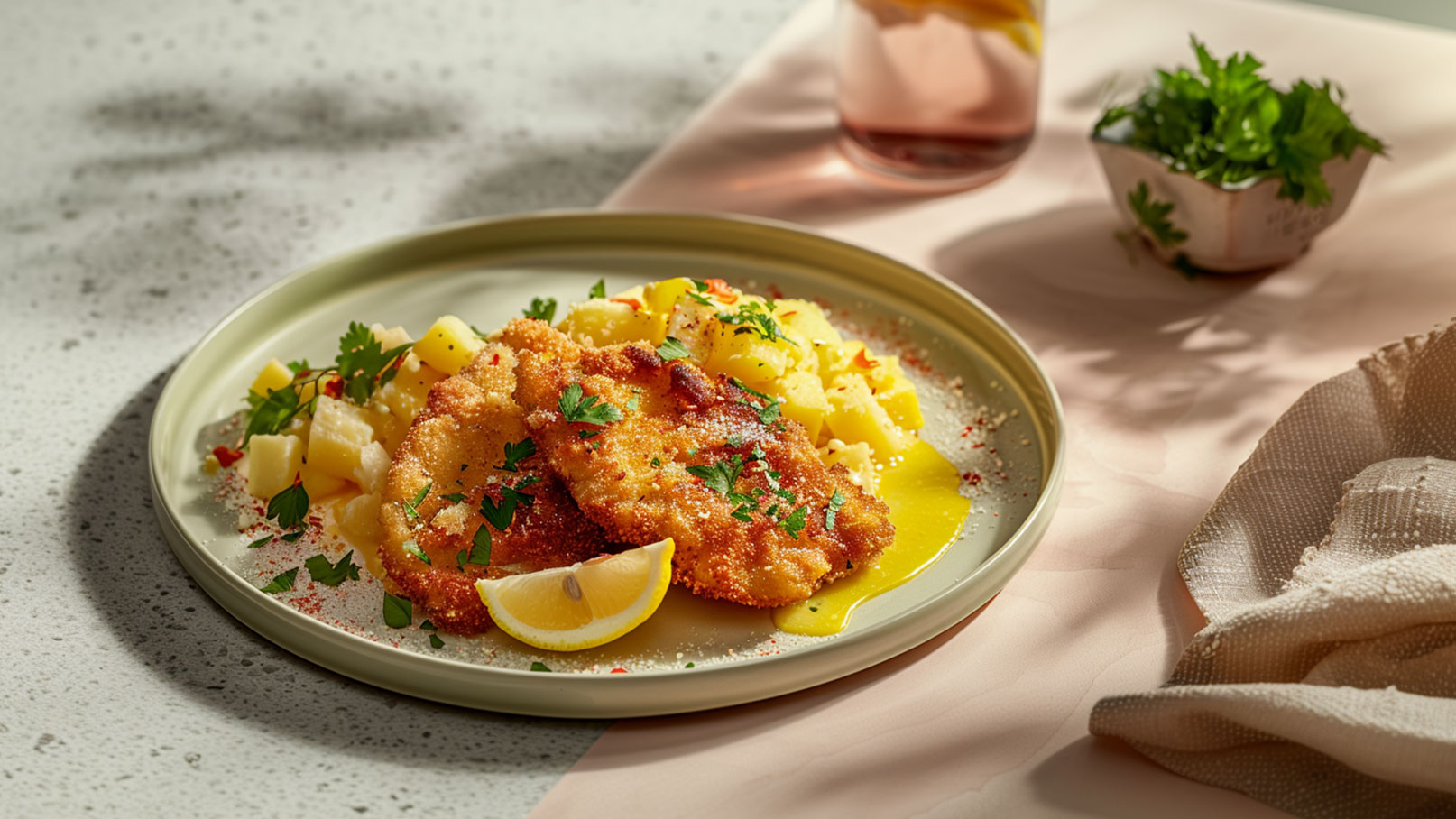 Ein Teller mit paniertem Fisch, garniert mit frischer Petersilie und einer Zitronenscheibe, liegt neben einer Portion Kartoffeln. Über dem Gericht befinden sich feine Gewürze und eine helle Sauce. Im Hintergrund ist ein Glas mit Getränk und ein kleiner Behälter mit frischem Kräutern zu sehen.