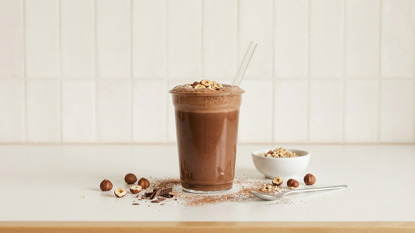 Ein hoher, transparenter Becher mit einem schaumigen Schokoladengetränk und einem Strohhalm. Oben sind gehackte Haselnüsse dekoriert. Um den Becher herum liegen einige Haselnüsse und Schokoladensplitter. Im Hintergrund steht eine kleine Schüssel mit Müsli.