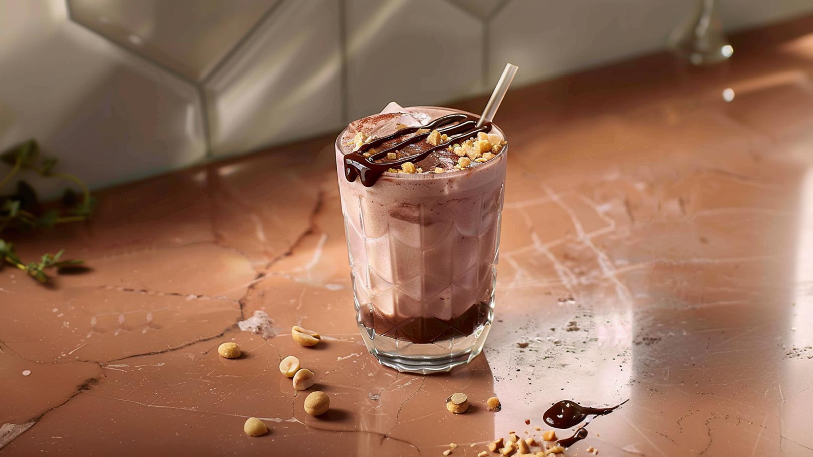 Ein Glas mit einem schokoladigen Milchshake steht auf einer marmorartigen Oberfläche. Der Shake ist mit Schokoladensauce und gehackten Erdnüssen garniert. Ein Strohhalm ist im Glas gesteckt, das Bild vermittelt einen Eindruck von Genuss und Erfrischung.