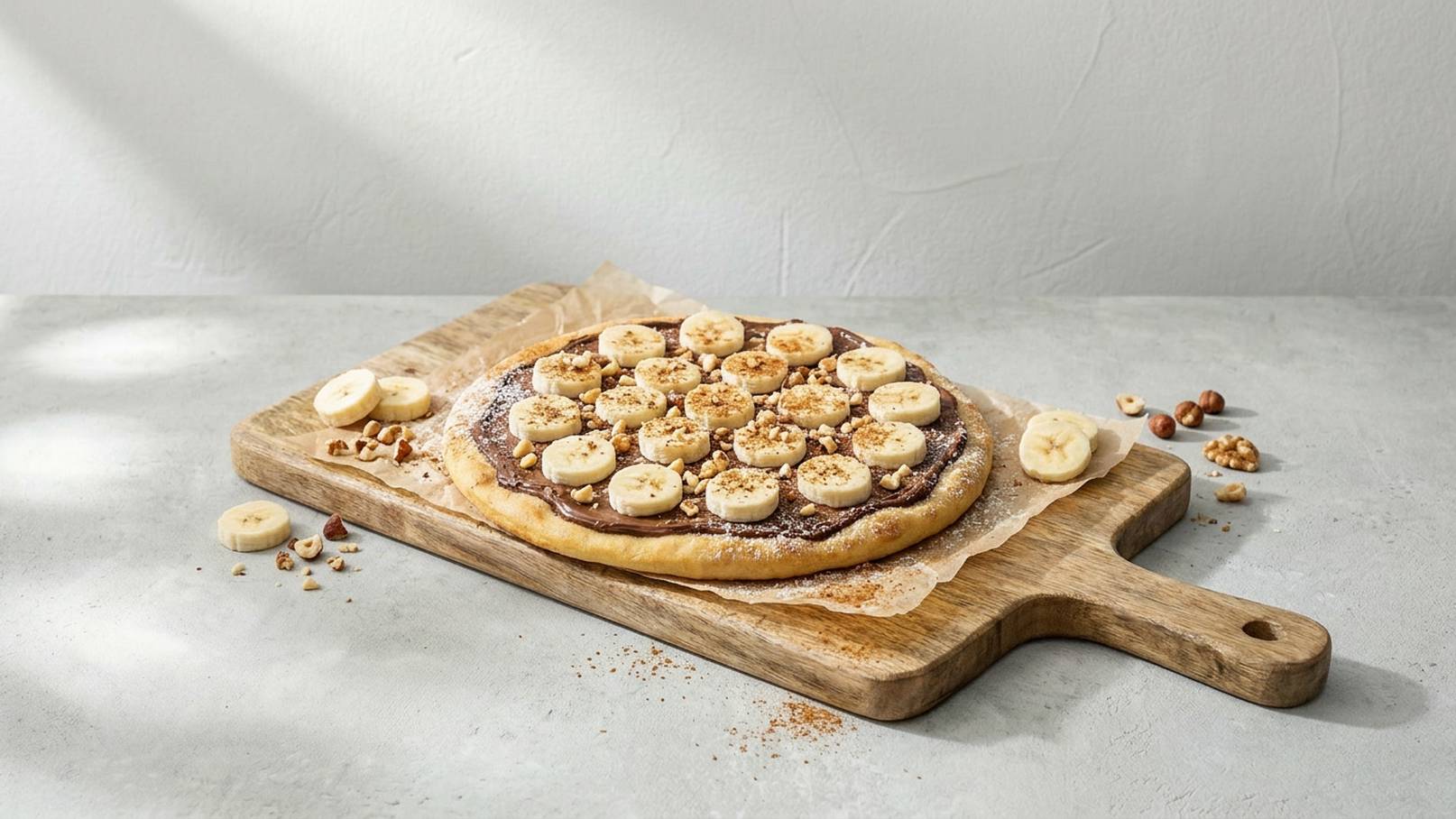Ein Holzbrett mit einer runden Früchte-Pizza, belegt mit Nutella, dünn geschnittenen Bananen und gehackten Nüssen. Einige Nüsse und Bananenscheiben liegen um das Brett herum. Der Hintergrund ist neutral und hell.