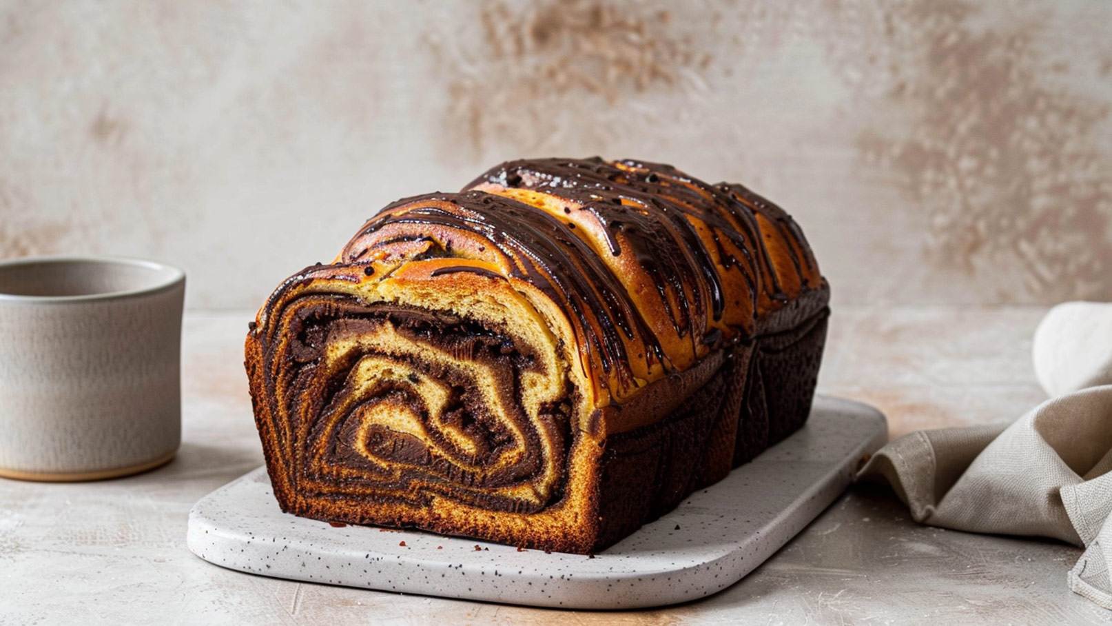 Ein frisch gebackenes, mit Schokolade überzogenes Zopfbrot liegt auf einem hellen Teller. Der Kuchen hat eine auffällige, spiralförmige Musterung aus hellem und dunklem Teig. Neben dem Brot steht eine graue Tasse.