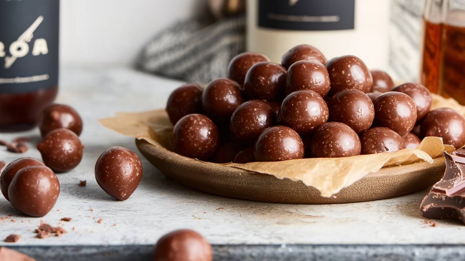 Zwei weiße Schalen auf einem Holzbrett sind mit runden, glänzenden, schokoladenbraunen Bonbons gefüllt. Einige der Bonbons liegen locker auf dem Brett verteilt. Die Szene ist hell und minimalistisch gestaltet.