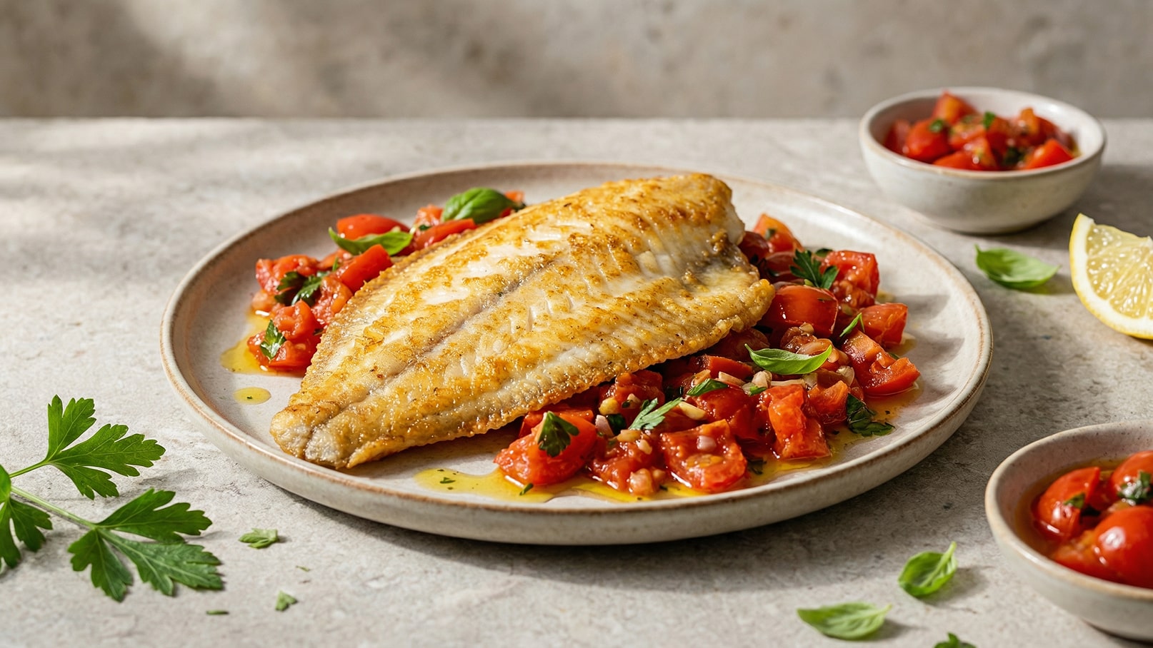 Ein gebratenes Fischfilet liegt auf einem Teller, umgeben von einer frischen Tomatensalsa mit Kräutern. Auf der Seite befinden sich kleine Schalen mit weiteren Tomatenstücken und eine Zitronenscheibe. Der Anrichtungsstil ist ansprechend und appetitlich.
