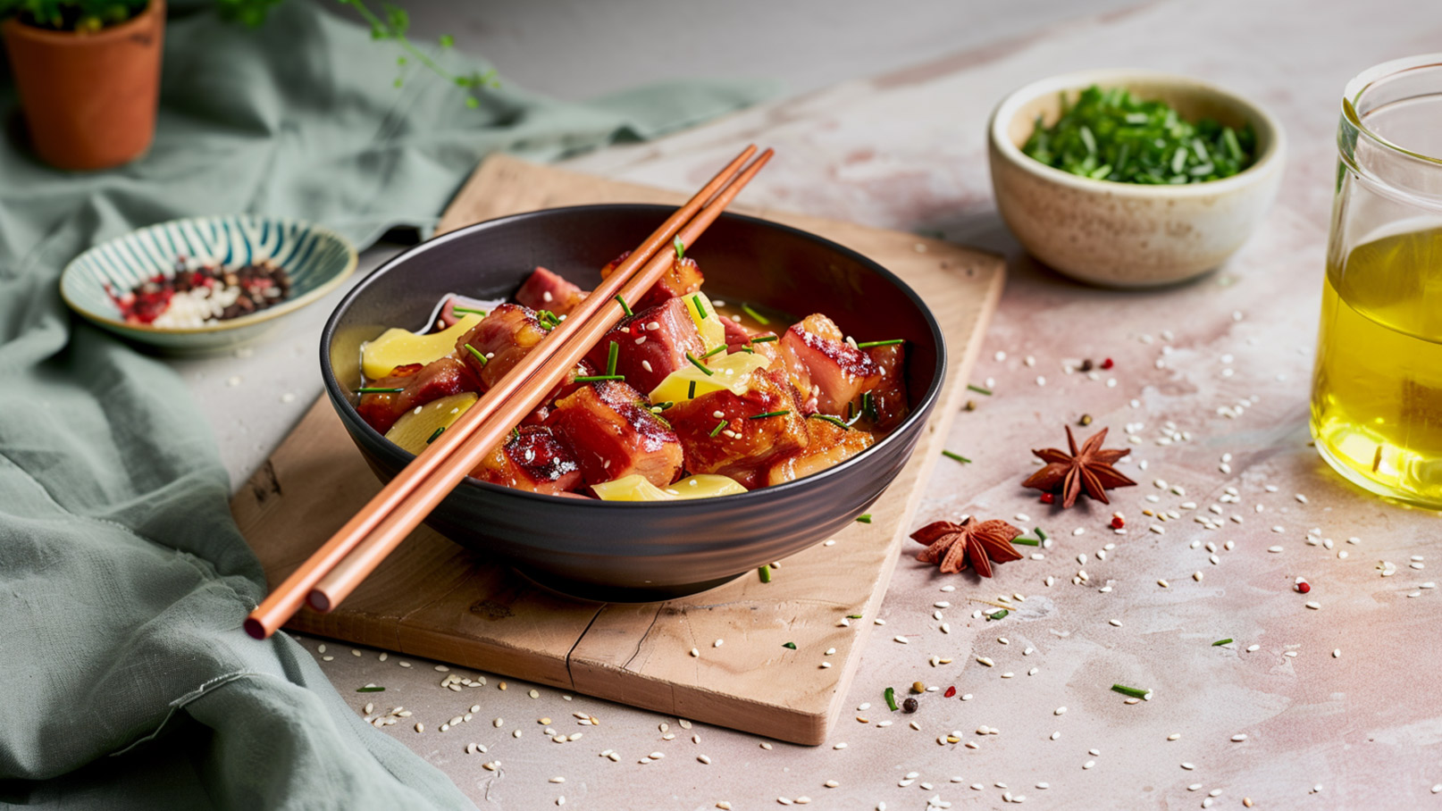 Eine schwarze Schüssel voller bunt gemischtem asiatischem Gericht mit Stückchen von Fleisch und Ananas, garniert mit frischem Schnittlauch. Essstäbchen liegen auf der Schüssel, die auf einem Holzbrett steht. Im Hintergrund sind Gewürze und ein Glas Öl sichtbar.