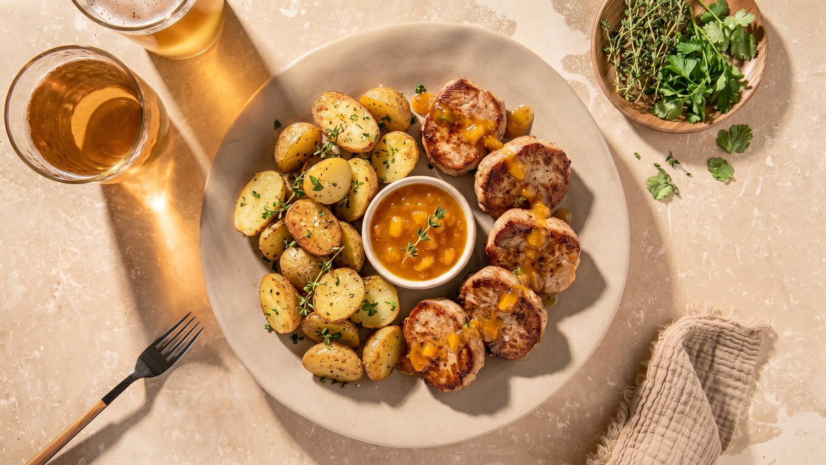 Ein Teller mit einer Portion Fleischklößen, die mit einer fruchtigen Sauce garniert sind, steht im Mittelpunkt. Daneben befinden sich gebratene kleine Kartoffeln, die mit Kräutern bestreut sind. Im Hintergrund sind ein Glas Bier und frische Kräuter in einer Schale sichtbar.