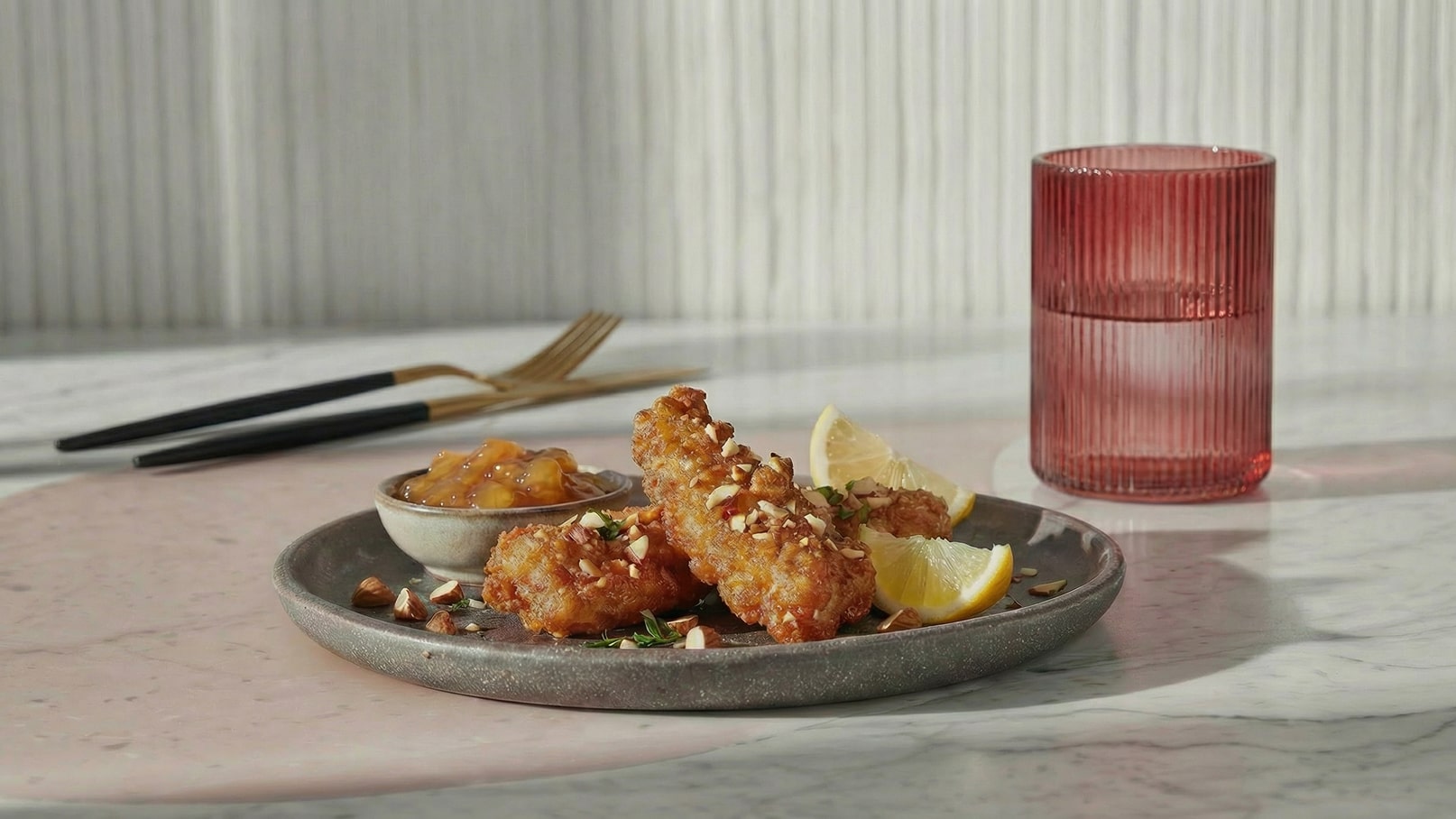 Ein grauer Teller liegt auf einem marmorierten Tisch und enthält knusprige, frittierte Stücke mit gehackten Nüssen, sowie zwei Zitronenscheiben. Daneben befindet sich eine kleine Schüssel mit einer süßen Sauce. Ein getönter Trinkbecher steht im Hintergrund.