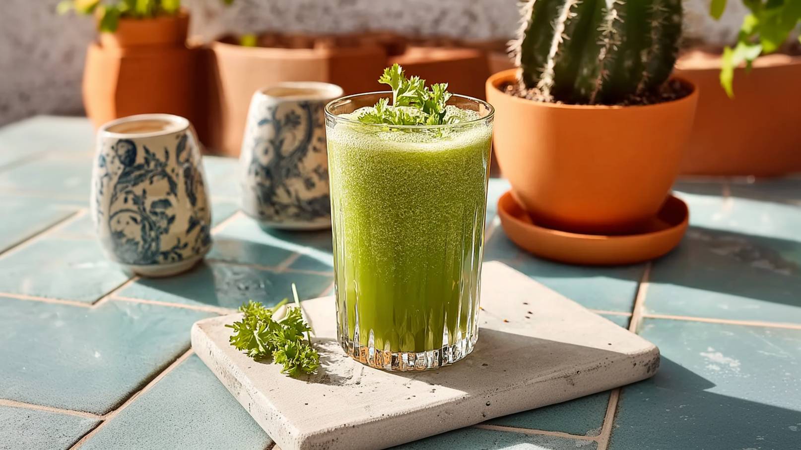 Ein erfrischendes grünes Getränk in einem hohen Glas, garniert mit frischem Koriander, steht auf einer grauen Unterlage. Im Hintergrund befinden sich Tontöpfe und eine Pflanzenansicht. Der Tisch hat eine grüne Fliese, die einen einladenden Eindruck vermittelt.