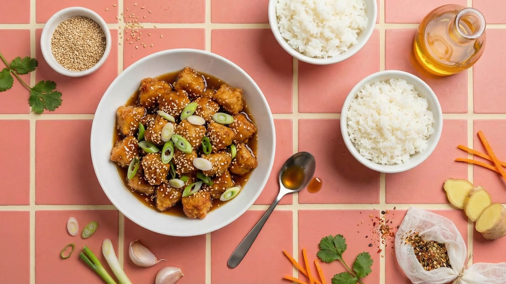 Eine Schüssel mit knusprigem Gemüse in Sauce, garniert mit Sesamsamen und Frühlingszwiebeln, liegt auf einem rosa Untergrund. Daneben befinden sich Schalen mit dampfendem Reis, Sesamsamen und einige frische Zutaten wie Ingwer und Karottenstreifen.