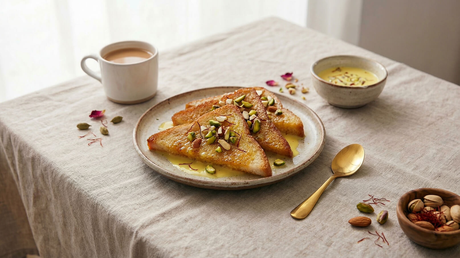 Auf einem gedeckten Tisch liegt ein Teller mit drei dreieckigen Süßspeisen, garniert mit gehackten Pistazien und Mandeln. Neben dem Teller befindet sich eine kleine Schale mit einer cremigen Sauce. Eine Tasse Tee steht in der Nähe.