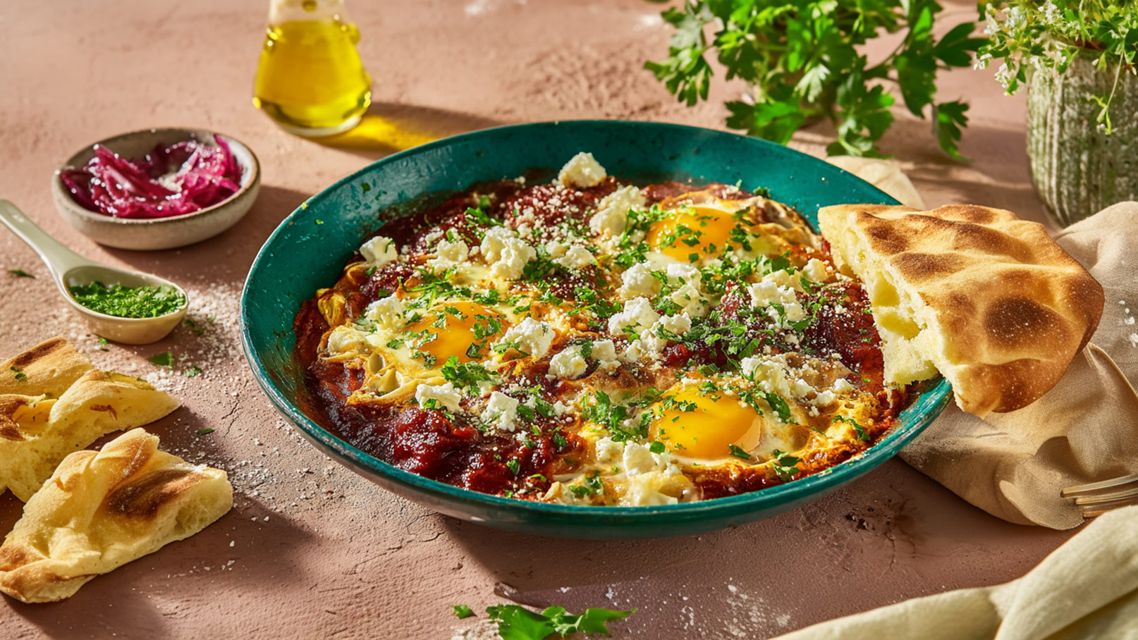 Ein grüner Teller mit einem Gericht, das aus Spiegeleiern in würziger Tomatensauce, zerbröseltem Käse und frischem Koriander besteht. Daneben liegt ein Stück Fladenbrot sowie eine kleine Schale mit roten Zwiebeln und eine mit gehackter Petersilie. Im Hintergrund ein Glas Olivenöl.