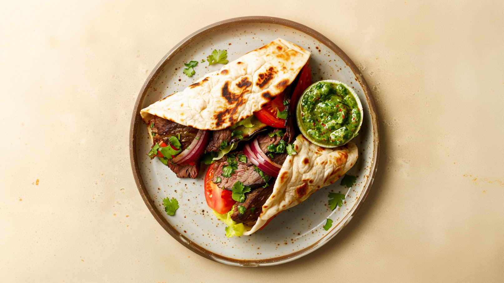 Auf einem Teller liegen zwei gefüllte Fladenbrote. Eines ist geöffnet, zeigt saftiges Fleisch, Tomaten, Zwiebeln und frische Kräuter. Daneben befindet sich eine Schale mit grüner Soße. Der Hintergrund ist hell und unauffällig.