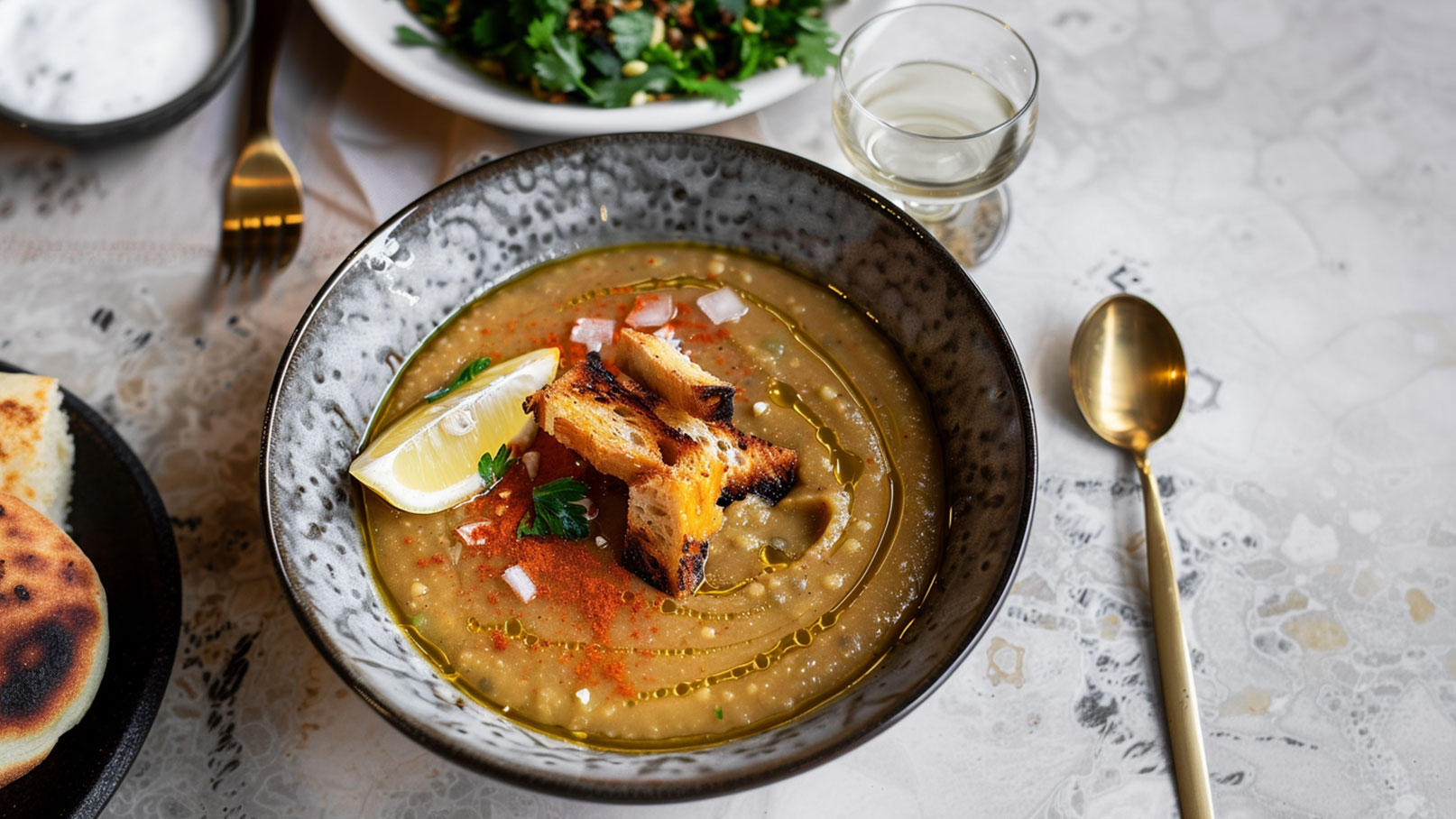 Ein brauner Suppenteller enthält pürierte Suppe, garniert mit einem Stück Zitrone, geröstetem Brot und frischen Kräutern. Daneben liegen Brot und ein goldener Löffel auf einem eleganten Tisch. Im Hintergrund ist ein Glas Wasser und ein Salat sichtbar.