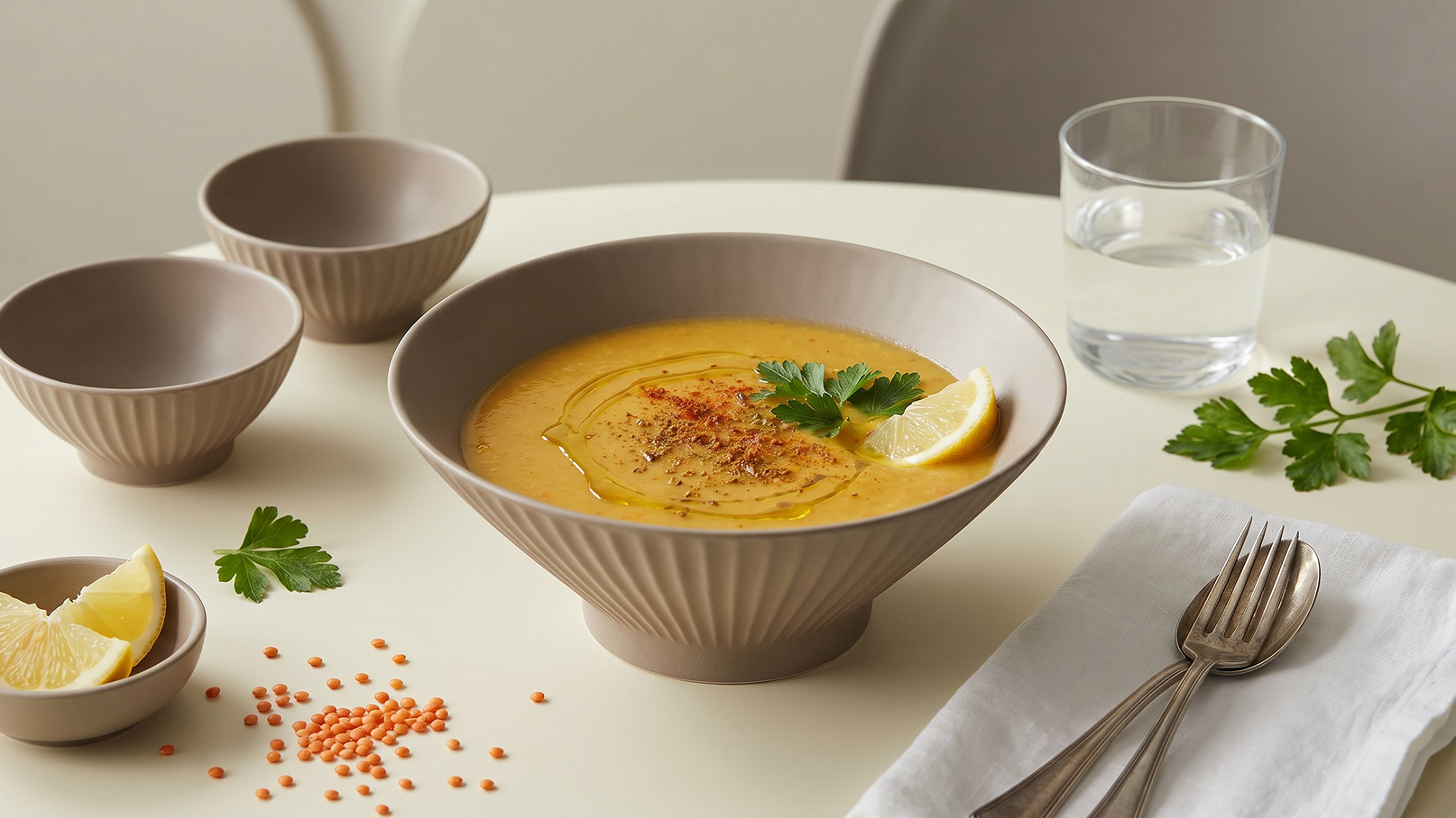 Eine große Schale mit gelber Linsensuppe, garniert mit Zitronenscheiben und frischer Petersilie, steht auf einem Tisch. Daneben befinden sich kleinere Schalen, Zitronenstücke, einige rote Linsen, ein Glas Wasser und Besteck.