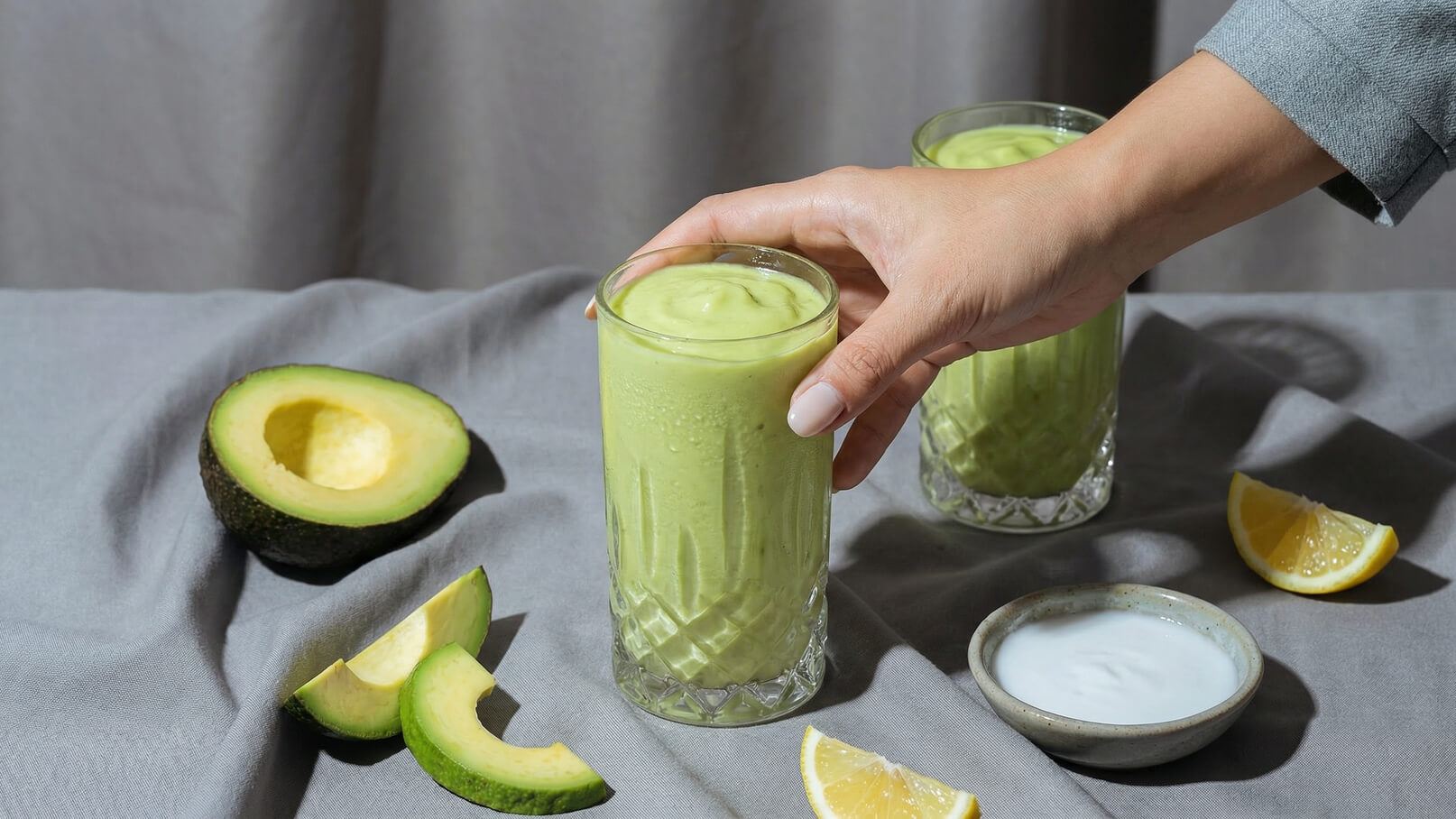 Ein Glas mit grünem Smoothie wird von einer Hand gehalten. Im Vordergrund liegen ein halbiertes Avocado und einige Zitronenscheiben. Im Hintergrund steht ein weiteres Glas mit Smoothie. Der Tisch ist mit einem grauen Tuch bedeckt.
