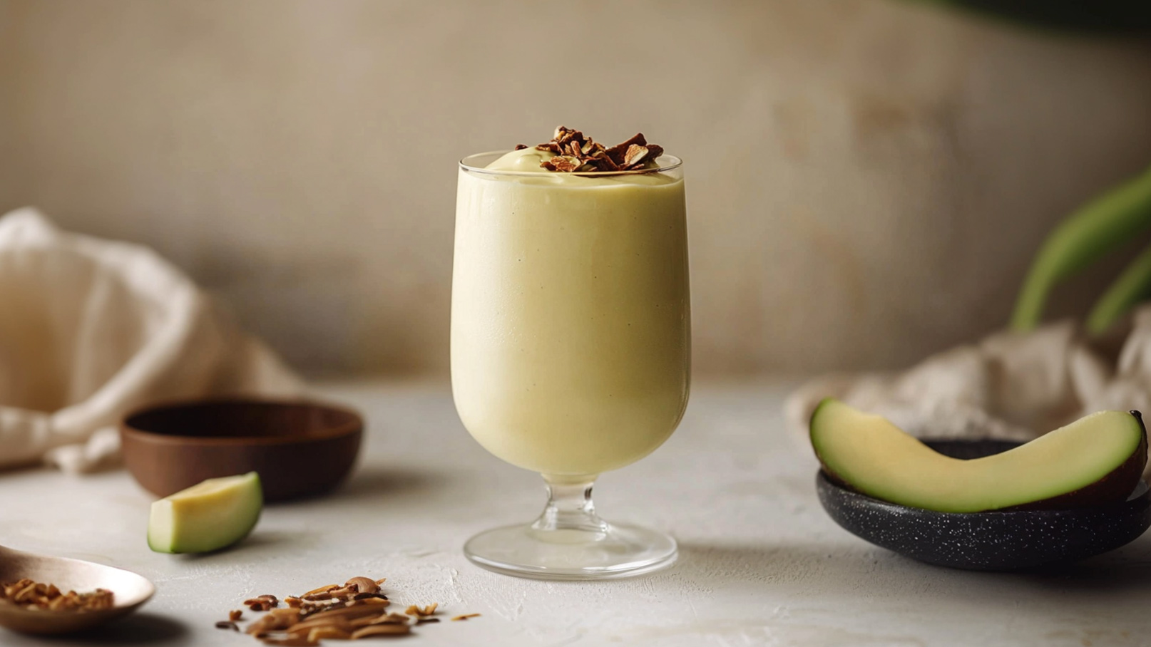Ein glasierter Drink in einem eleganten Glas, cremig und hellgrün, garniert mit gehackten Nüssen. Daneben liegt ein Stück grüner Apfel auf einem dunklen Teller. Die sanfte Hintergrundfarbe und die Anordnung der Zutaten schaffen eine einladende Atmosphäre.