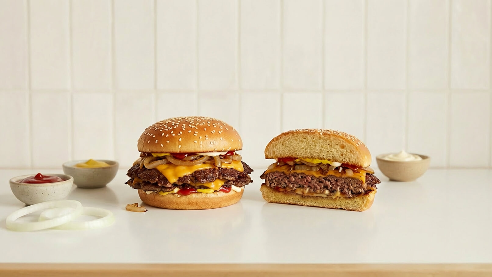 Auf dem Bild sind zwei Hamburger zu sehen. Der größere Hamburger hat einen Sesambrötchen, ist gefüllt mit mehreren Schichten Fleisch, Cheddar-Käse, Zwiebeln und Ketchup. Der kleinere Hamburger, ebenfalls im Brötchen, zeigt seine Füllung aus Fleisch und Käse. Neben den Hamburgern stehen Schalen mit Ketchup, Senf und Mayo.