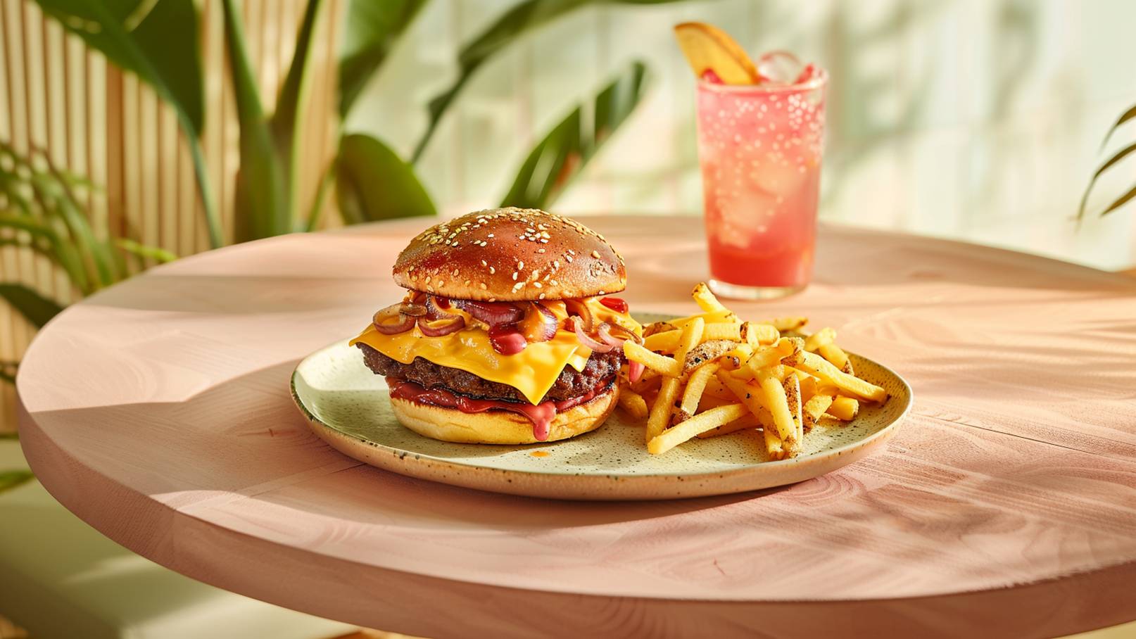 Ein saftiger Hamburger mit geschmolzenem Käse, Zwiebeln und Ketchup auf einem Brötchen mit Sesam, serviert auf einem Teller. Daneben liegen knusprige Pommes frites. Im Hintergrund ein Getränk in einem Glas mit Eis und einer Zitronenscheibe.