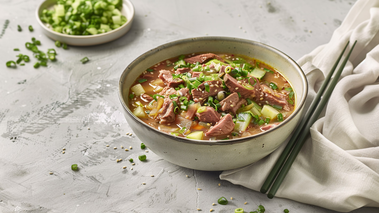 Eine Schüssel mit herzlicher Suppe, gefüllt mit zartem Fleisch, Gemüse und garniert mit frischen Frühlingszwiebeln. Neben der Schüssel liegen zwei Essstäbchen und ein Tuch. Im Hintergrund befindet sich eine kleine Schale mit gehackten Frühlingszwiebeln.