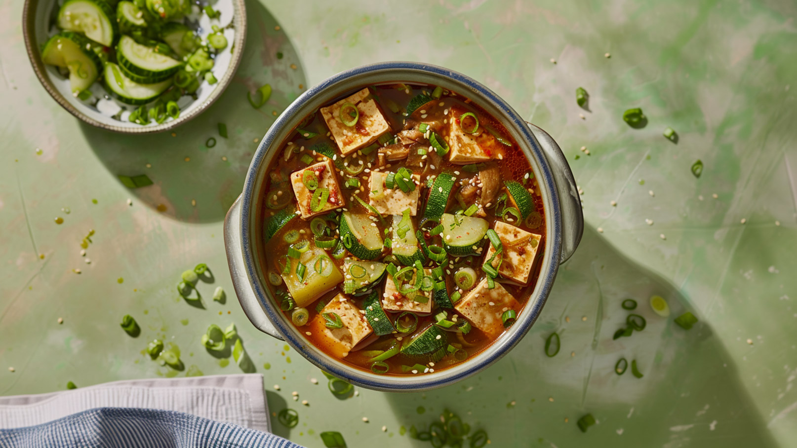 Eine Schüssel mit würziger Suppe, gefüllt mit tofu, Zucchini, Champignons und Frühlingszwiebeln. Einige frische Gurkenstücke sind in einer separaten Schale angerichtet. Der Hintergrund ist in sanften grünen Tönen gehalten.