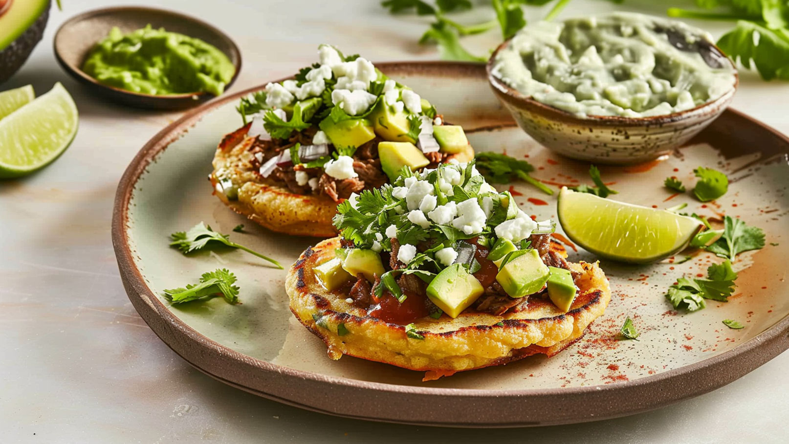 Auf dem Teller liegen zwei gefüllte Tortillas, garniert mit Fleisch, Avocado, Koriander und Zwiebeln. Neben den Tortillas befindet sich eine Schale mit cremigem Guacamole und einige Limettenschnitze. Frische Korianderblätter sind ebenfalls verteilt.