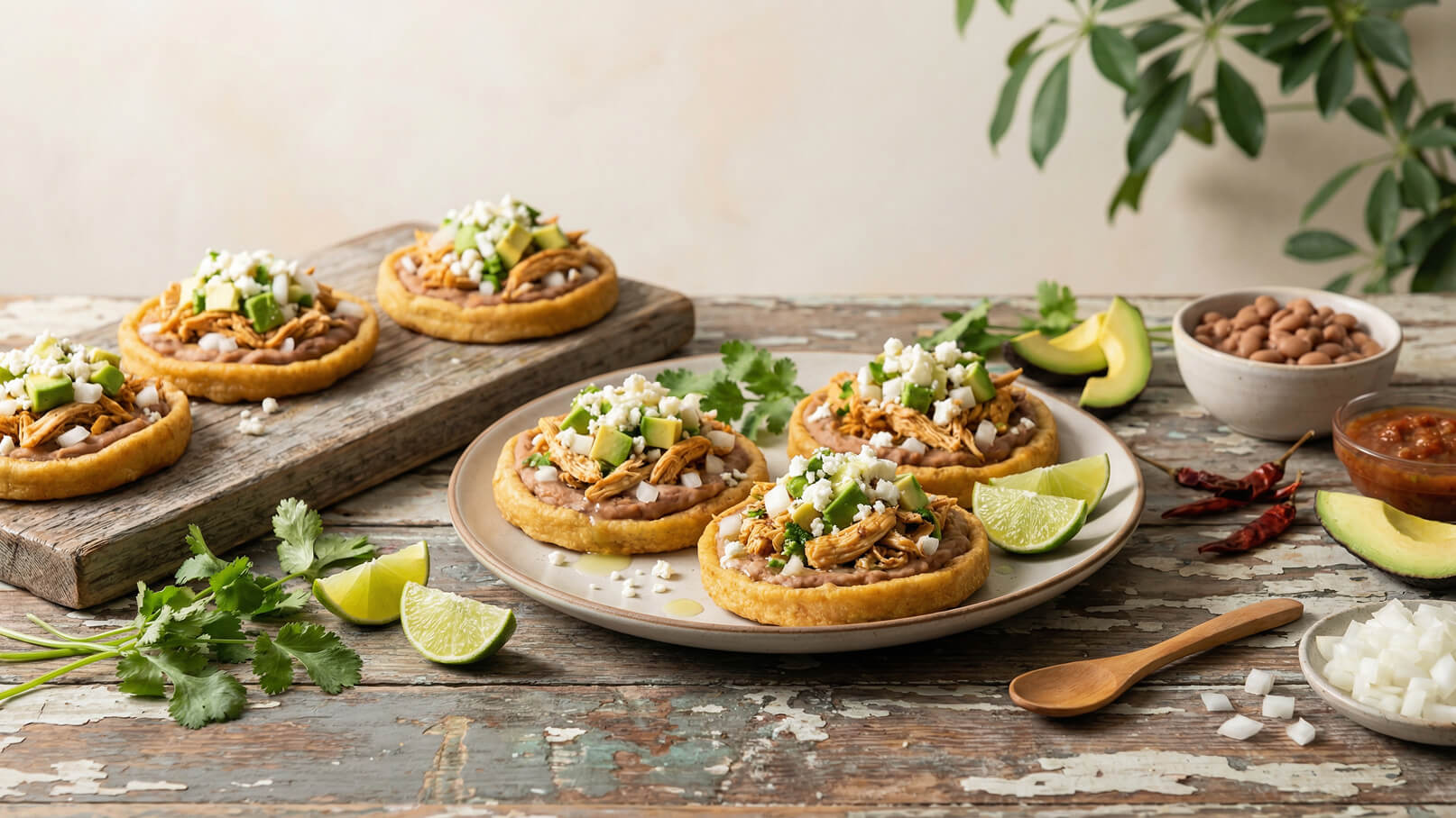 Auf einem Tisch stehen mehrere goldbraune Tortillas, belegt mit zerfasertem Hühnchen, Bohnen, Zwiebeln und Avocado-Stücken. Ein Teller mit zwei Tortillas hat Limettenscheiben und frisches Koriandergrün daneben. Im Hintergrund sind eine Schüssel mit Bohnen und eine Schale mit Salsa sichtbar.