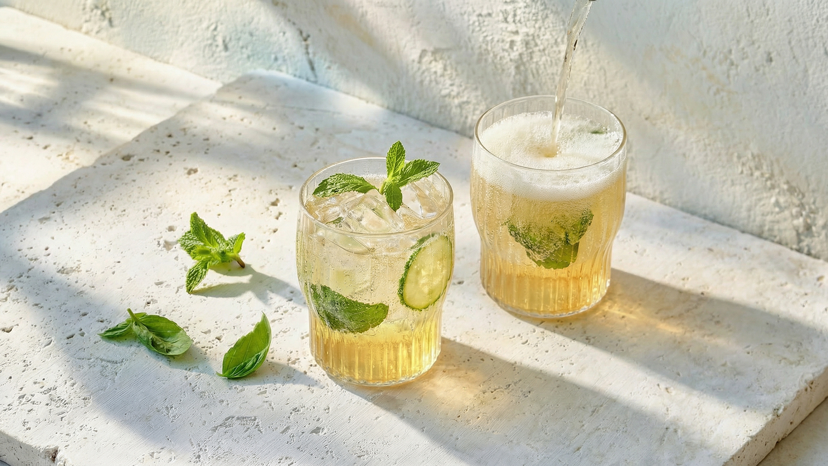 Zwei Gläser mit einem erfrischenden Getränk, gefüllt mit Eiswürfeln, Minzblättern und Gurkenscheiben, stehen auf einem hellen Tisch. Aus einem Behälter wird Flüssigkeit in eines der Gläser gegossen, was einen sprudelnden Effekt erzeugt. Frische Minzblätter liegen daneben.