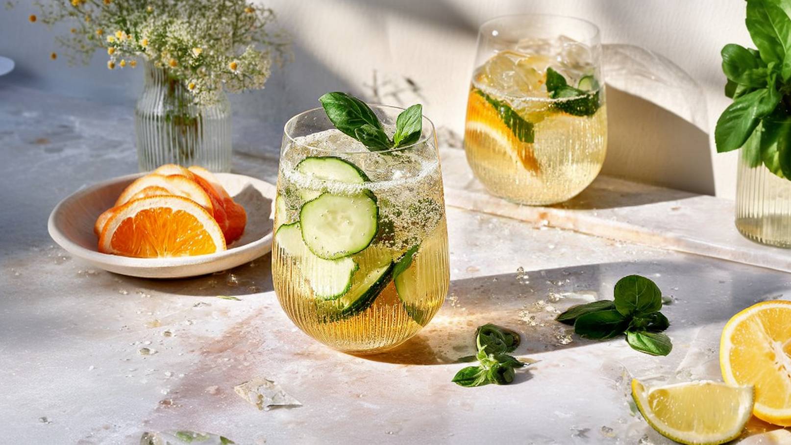 Ein Glas mit einem sprudelnden Getränk ist mit Gurkenscheiben und frischem Basilikum dekoriert. Im Hintergrund liegen Orangenscheiben auf einem Teller. Die Szenerie ist hell und einladend, mit einem Hauch von Frische und Sommer.